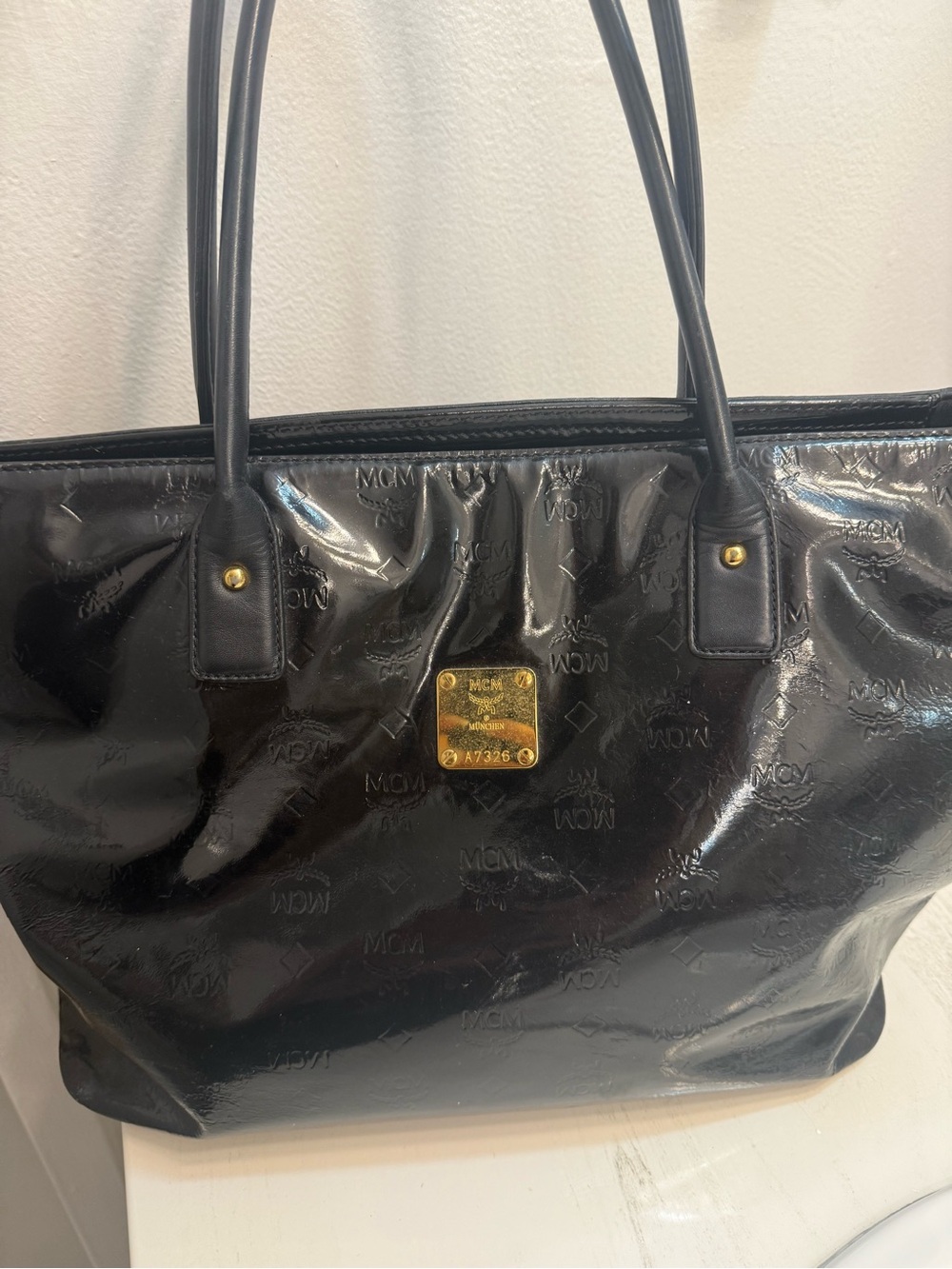 MCM Black Patent Monogram Tote